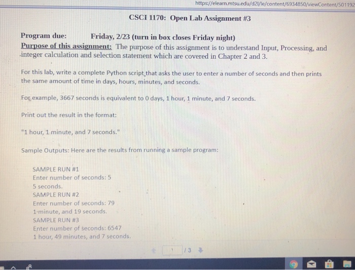  https://elearn.mtsu.edu/d2l/le/content/6934850/viewContent/501192 CSCI 1170: Open Lab Assignment #3 Program due: Friday, 2/23