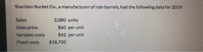  Sheridan Bucket Co., a manufacturer of rain barrels, had the following