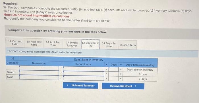 inventory turnover, (e) days' Required: 1a. For both companies compute the (a)