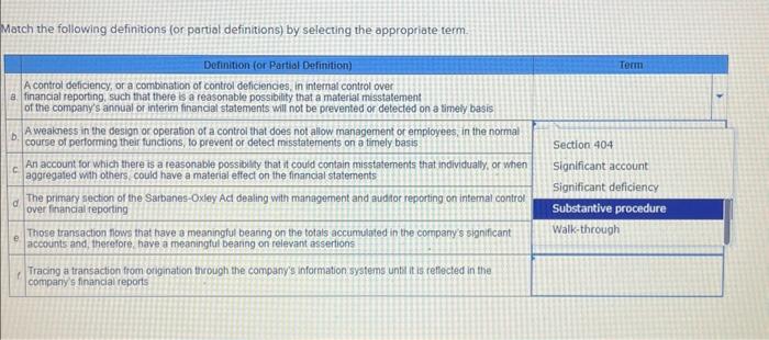 term Match the following definitions (or partial definitions) by selecting the appropriate