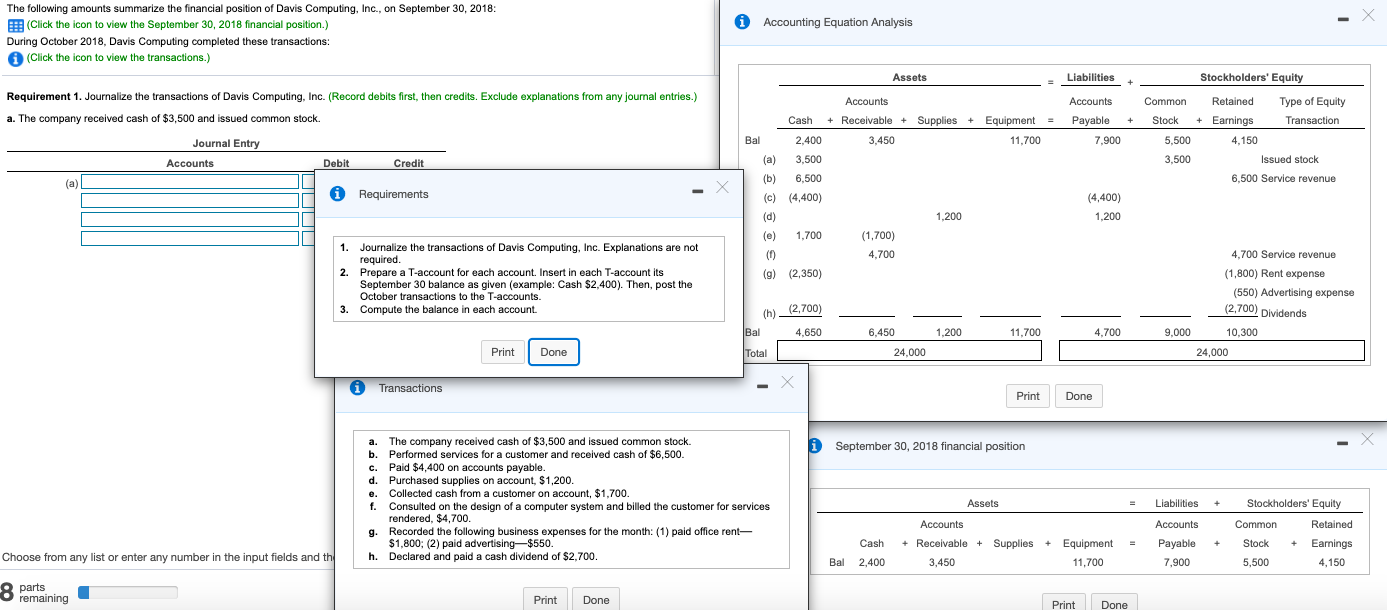  Please help this question has 8 parts Accounting Equation Analysis The