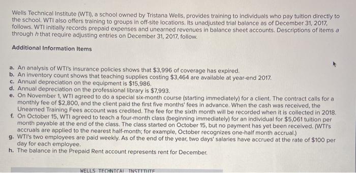 questions displayed below. Wells Technical Institute (WTI), a school owned by Tristana
