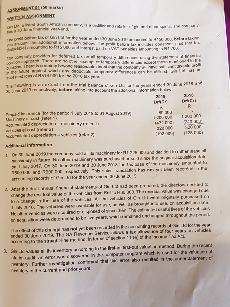 ASSIGNMENT 01 (50 marks) WRITTEN ASSIGNMENT a listed South African company,