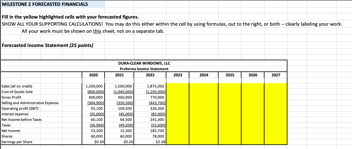 calculations. Assumptions: Proforma income statement and balance sheet to fill out: ASSUMPTIONS