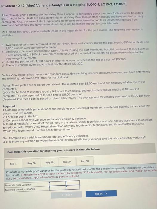 help asap !! Problem 10-12 (Algo) Variance Analysis in a Hospital [LO10-1,