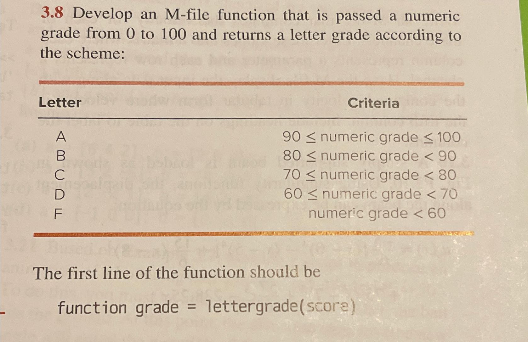  3.8 Develop an M-file function that is passed a numeric grade