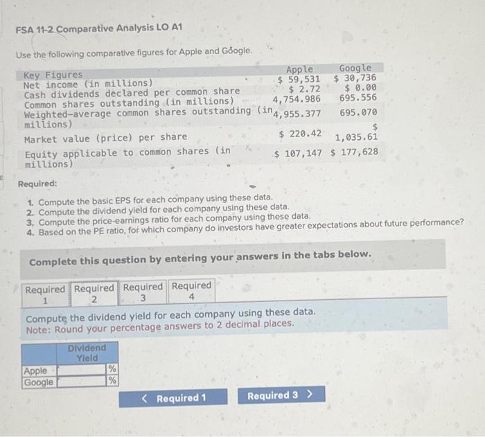 for Apple and Ggle. Required: 1. Compute the basic EPS for each