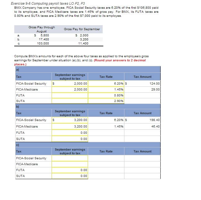 Complete this question please Exercise 9-6 Computing payroll taxes LO P2, P3