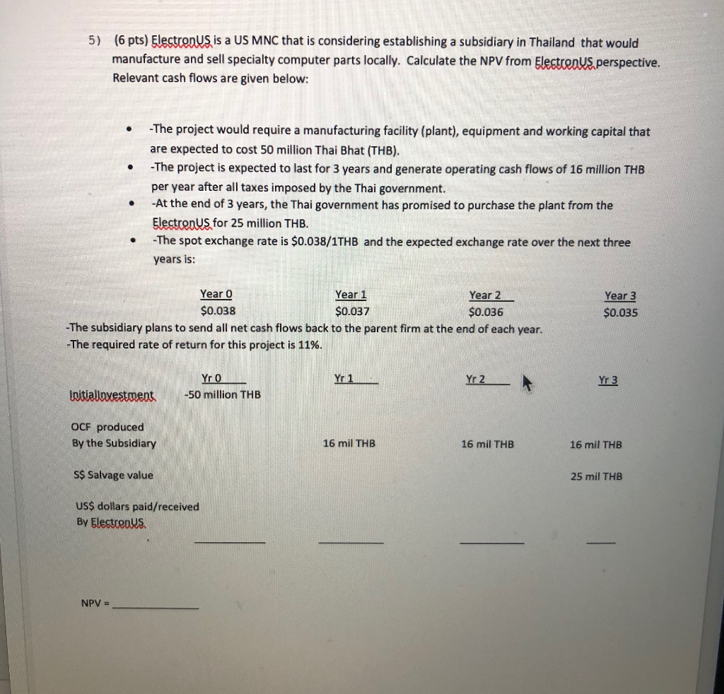  5) (6 pts) Electronus is a US MNC that is considering