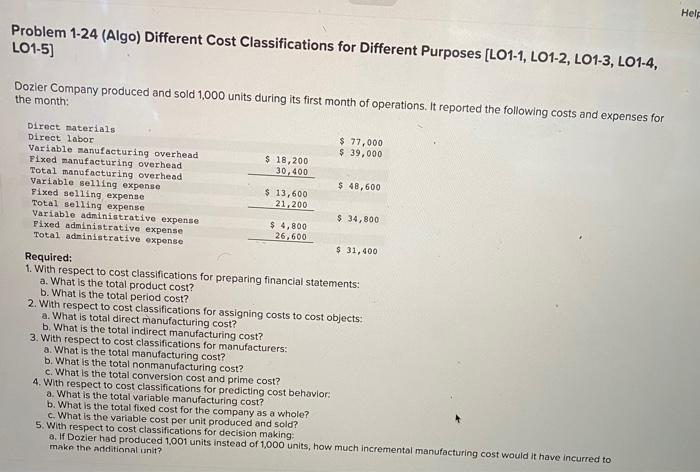  Problem 1-24 (Algo) Different Cost Classifications for Different Purposes [LO1-1, LO1-2,