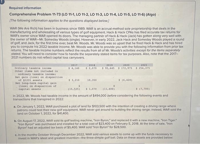  Required information Comprehensive Problem 11-73 (LO 11-1, LO 11-2, LO 11-3,