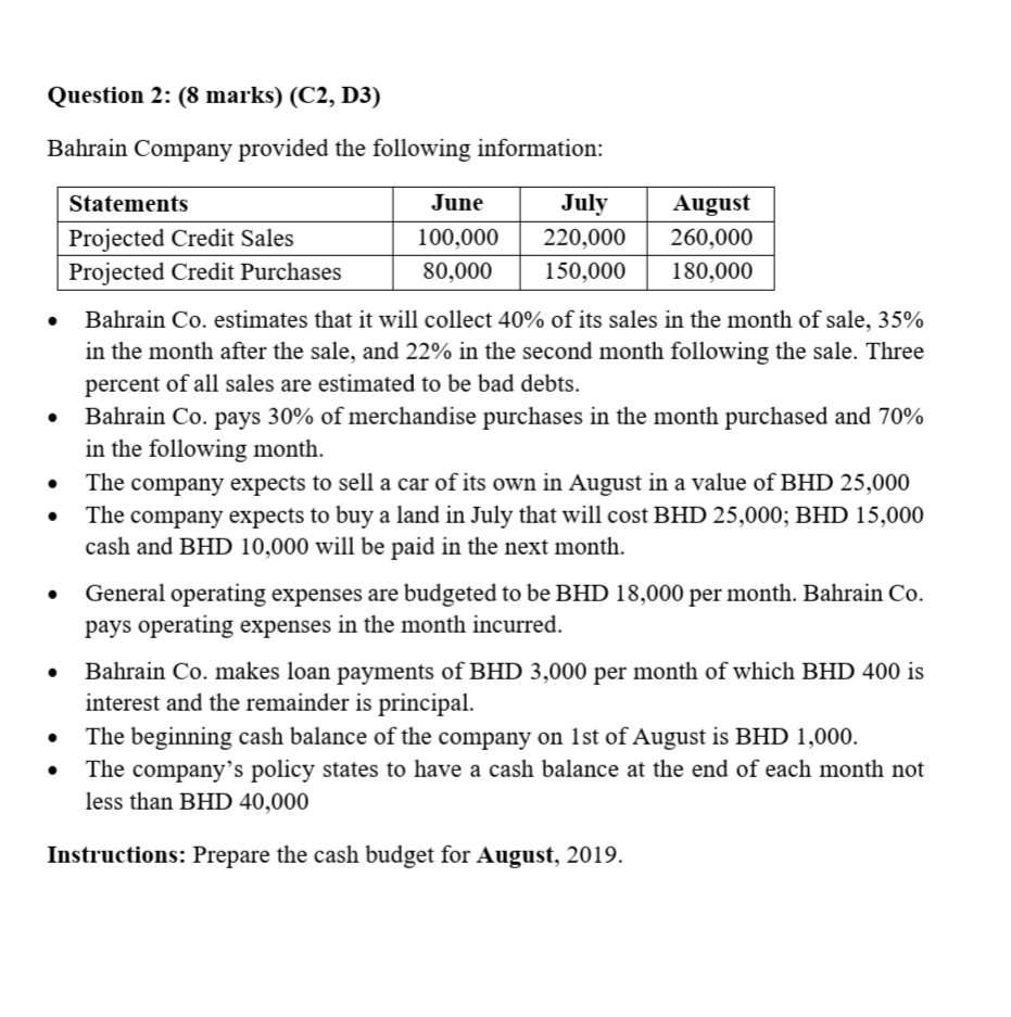  Question 2: (8 marks) (C2, D3) Bahrain Company provided the following