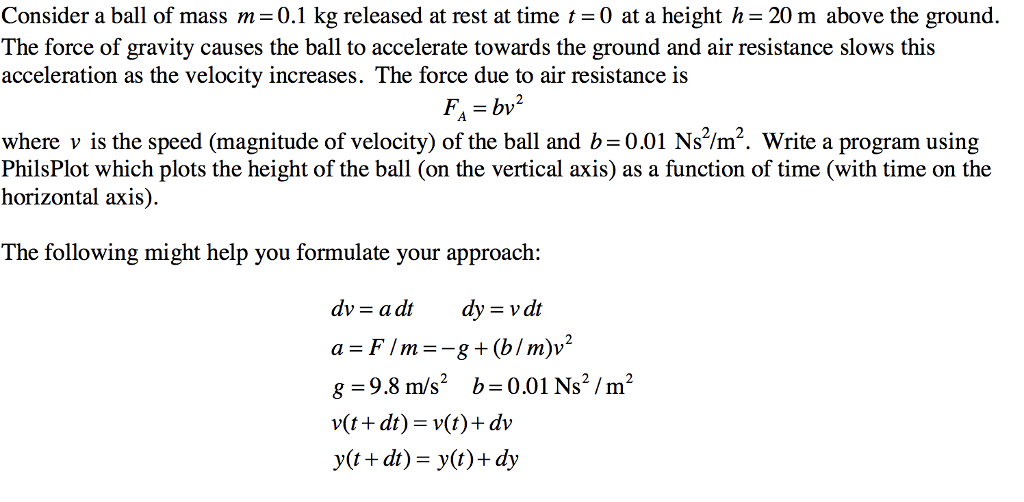 Using a C program language Consider a ball of mass m-0.1 kg
