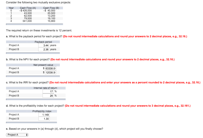  Consider the following two mutually exclusive projects: The required return on