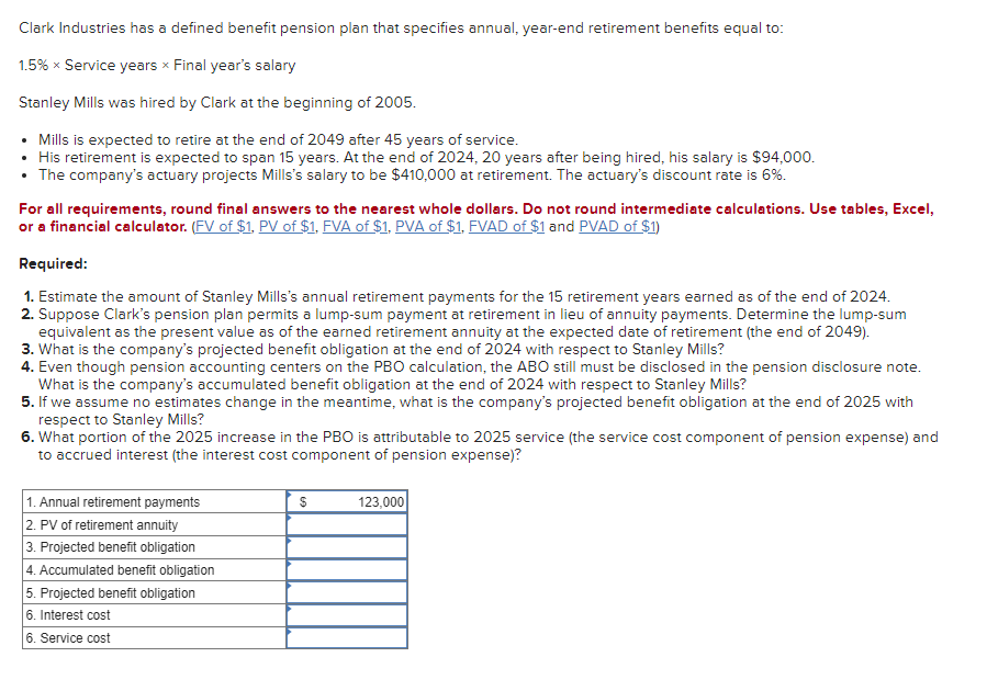  Clark Industries has a defined benefit pension plan that specifies annual,