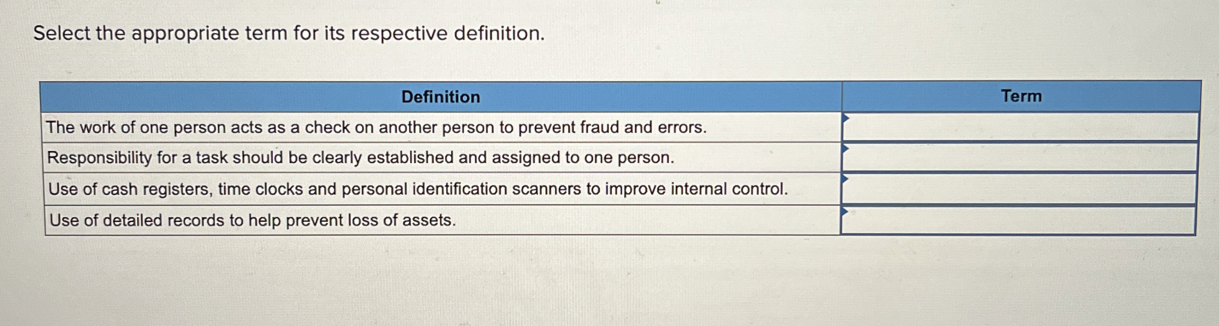  Select the appropriate term for its respective definition. \table[[Definition,Term],[The work of