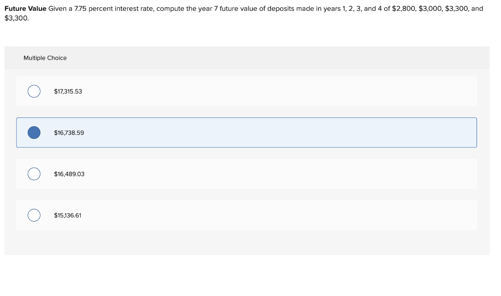 Future Value Given a 7.75 percent interest rate, compute the year