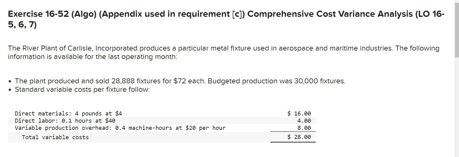  Exercise 16-52 (Algo) (Appendix used in requirement [c]) Comprehensive Cost Variance