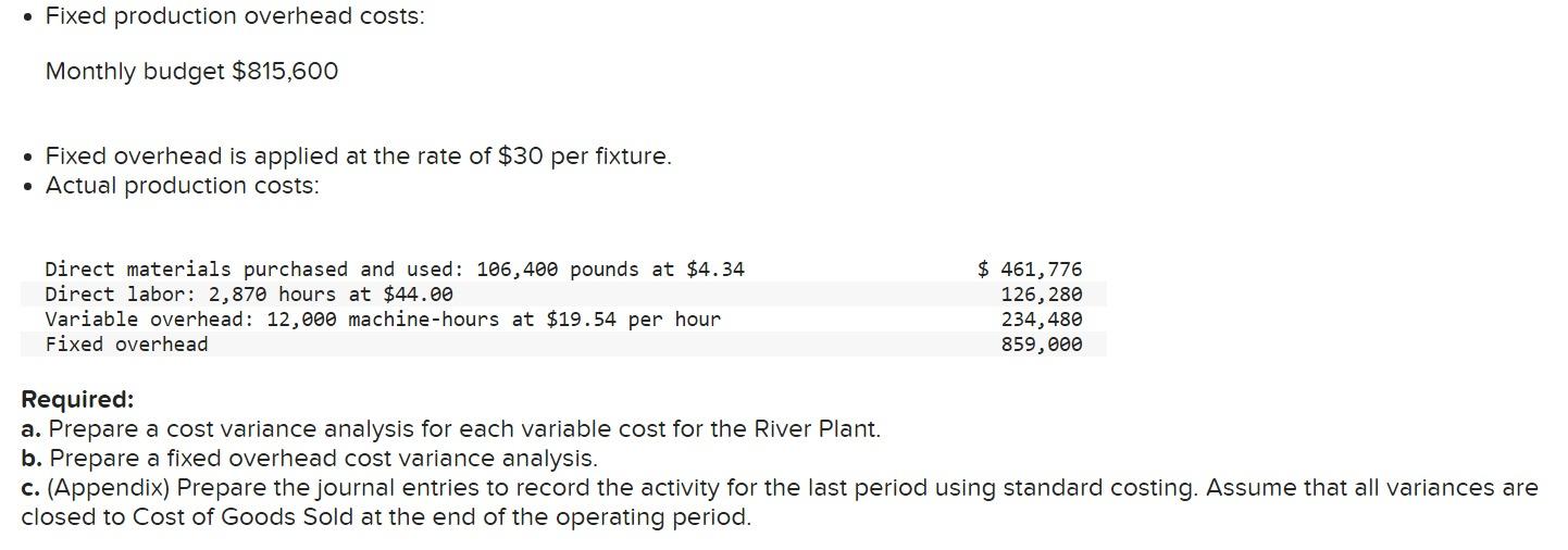 Analysis (LO 165,6,7) The River Plant of Carlisle, Incorporated produces a particular
