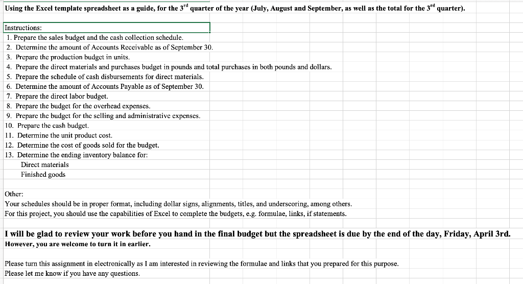  Using the Excel template spreadsheet as a guide, for the 3rd