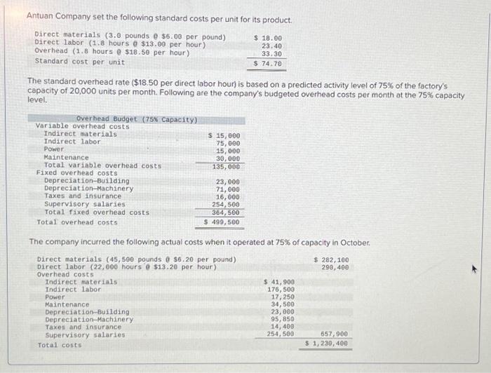  Required: 1. Prepare flexible overhead budgets for October showing amounts of
