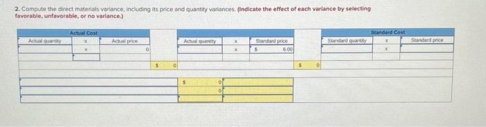 2. Compute the direct materials variance, including its price and quantity variances.