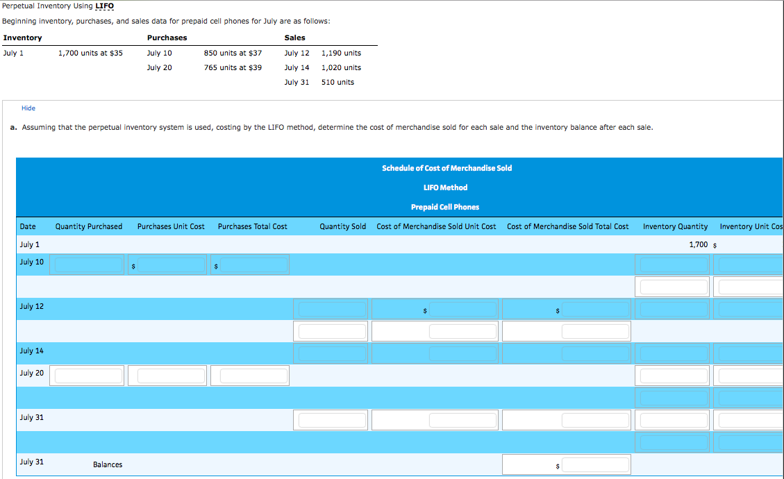 Perpetual Inventory Using LIFO Beginning inventory, purchases, and sales data for