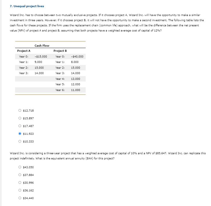 Wizard Inc. has to choose between two mutually exclusive projects. If
