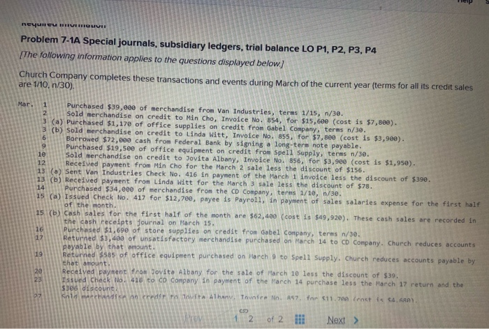  Problem 7-1 Algorithmic reyuncu HIRIQLUI Problem 7-1A Special journals, subsidiary ledgers,