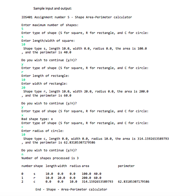 the type of shape (assume rectangle, square, or circle) and computes the