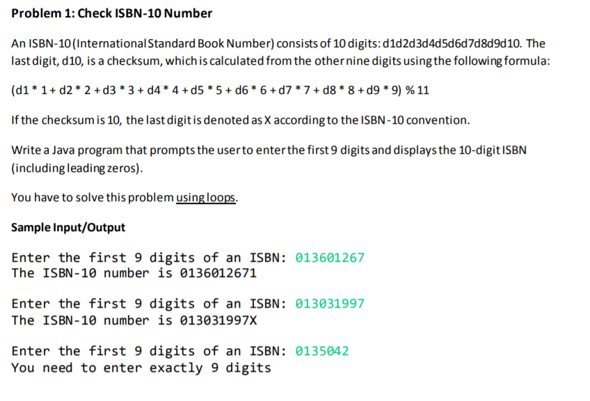 using Eclipse/Java, check attached file for question Problem 1: Check ISBN-10 Number