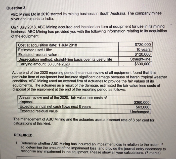  Question 3 ABC Mining Ltd in 2010 started its mining business