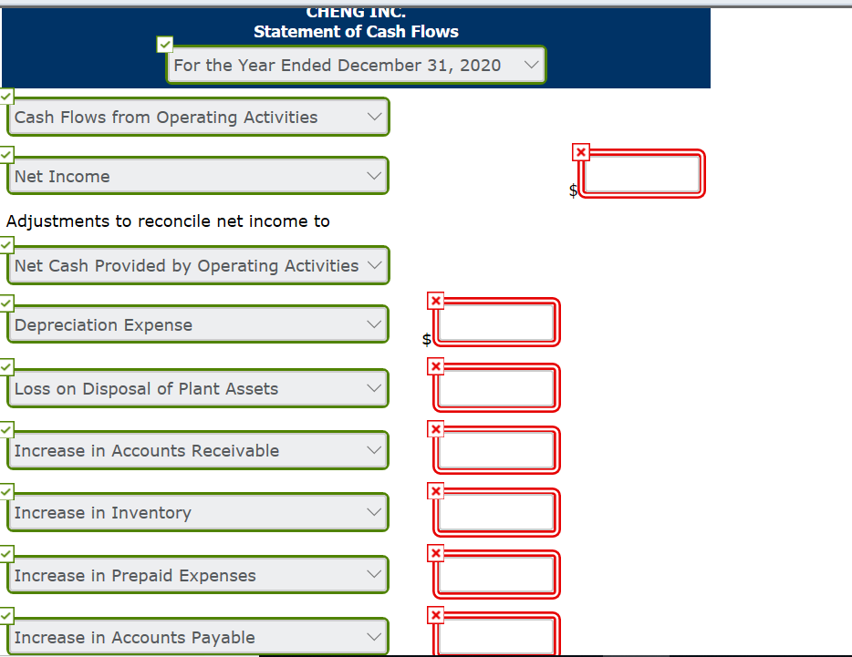 blanks. CHENG INC. Comparative Balance Sheets December 31 Assets Cash Accounts receivable
