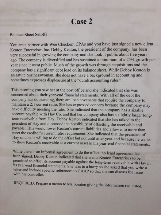  Case 2 Balance Sheet Setoffs You are a partner with Wee