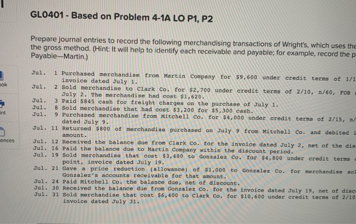  GL0401 - Based on Problem 4-1A LO P1, P2 Prepare journal