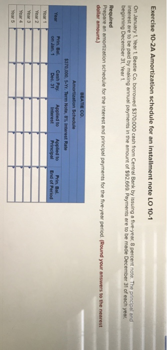  Exercise 10-2A Amortization schedule for an installment note LO 10-1 On