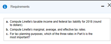 to me. Linette, a single taxpayer, had the following income and deductions