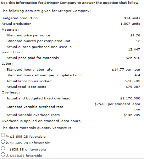  12 4.4 Use this information for Stringer Company to answer the