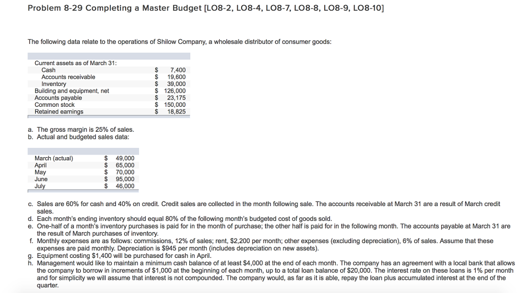 Problem 8-29 Completing a Master Budget [LO8-2, LO8-4, LO8-7, LO8-8, LO8-9,