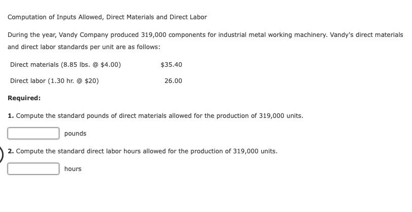  Computation of Inputs Allowed, Direct Materials and Direct Labor During the