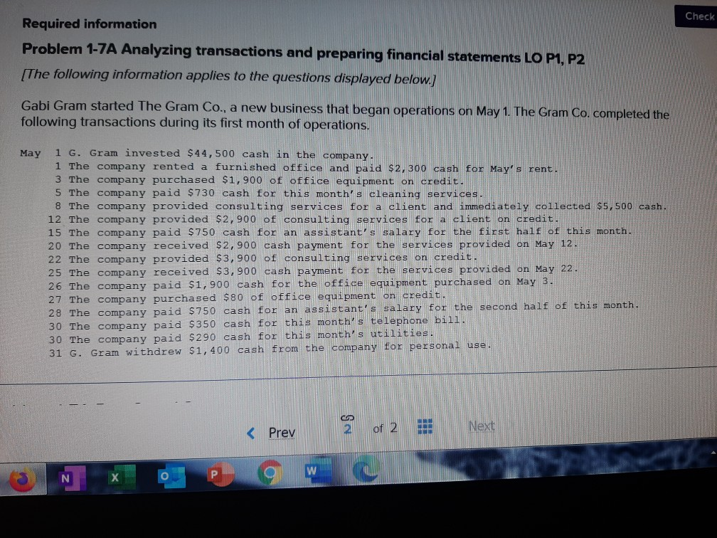  Check Required information Problem 1-7A Analyzing transactions and preparing financial statements