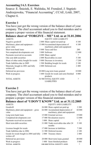  Accounting 1 6.3. Exercises Source: E. Snieek, E. Walinska, M. Frendzel,