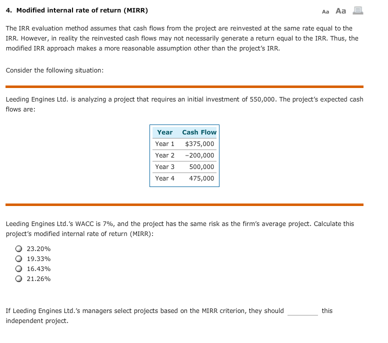  4. Modified internal rate of return (MIRR) Aa Aa E The