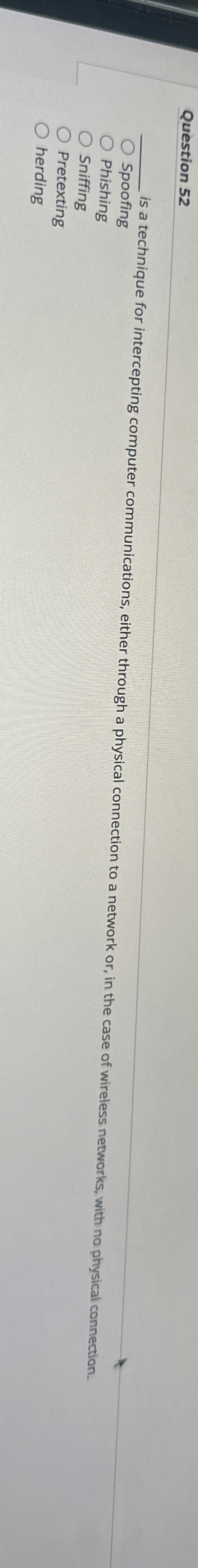  Question 52 q, is a technique for intercepting computer communications, either