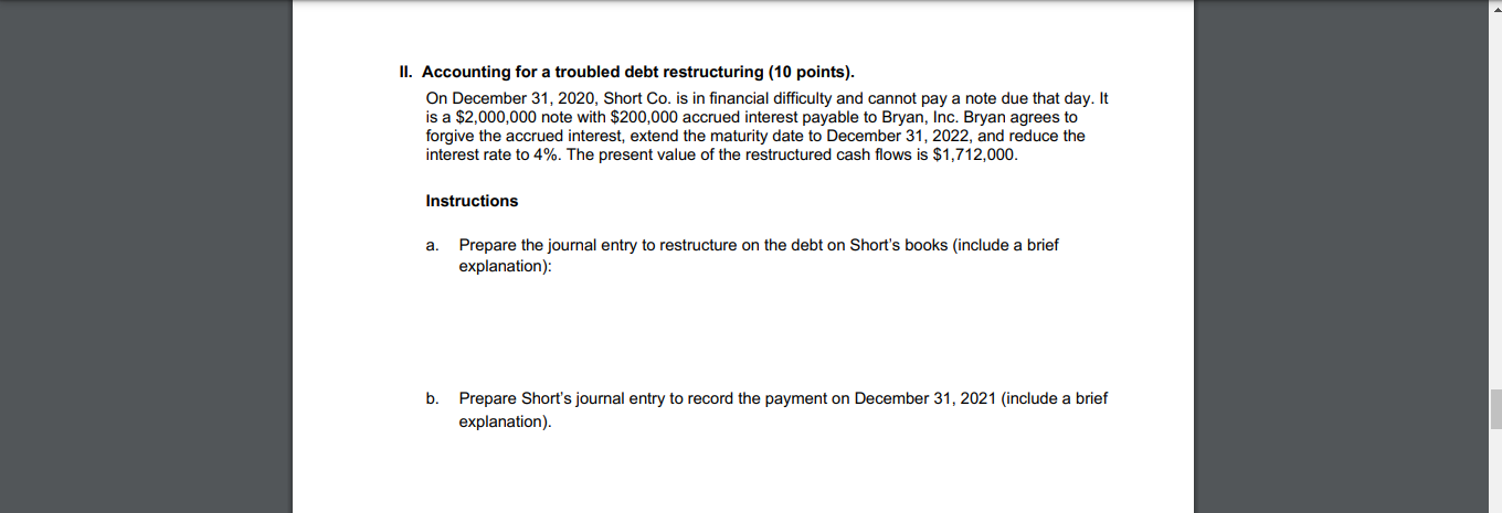 II. Accounting for a troubled debt restructuring (10 points). On December