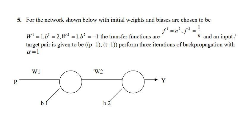  5. For the network shown below with initial weights and biases