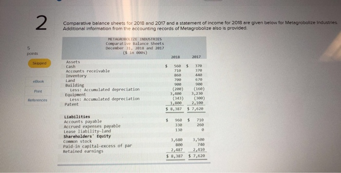  2 Comparative balance sheets for 2018 and 2017 and a statement