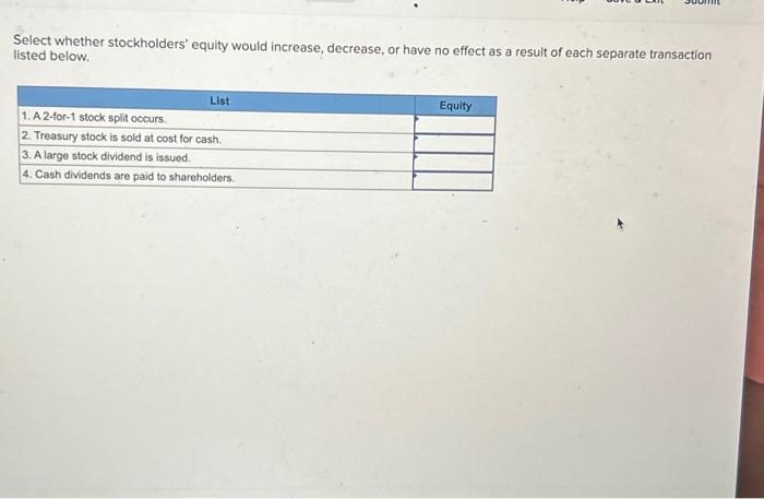  Select whether stockholders' equity would increase, decrease, or have no effect