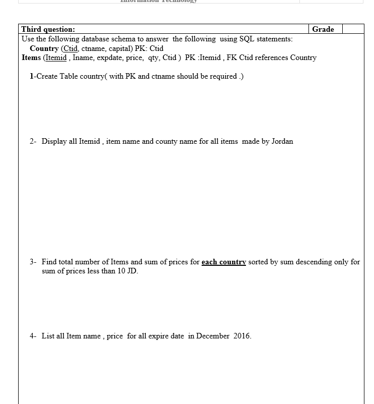  Third question: Grade Use the following database schema to answer the