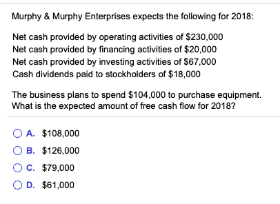 Murphy & Murphy Enterprises expects the following for 2018: Net cash